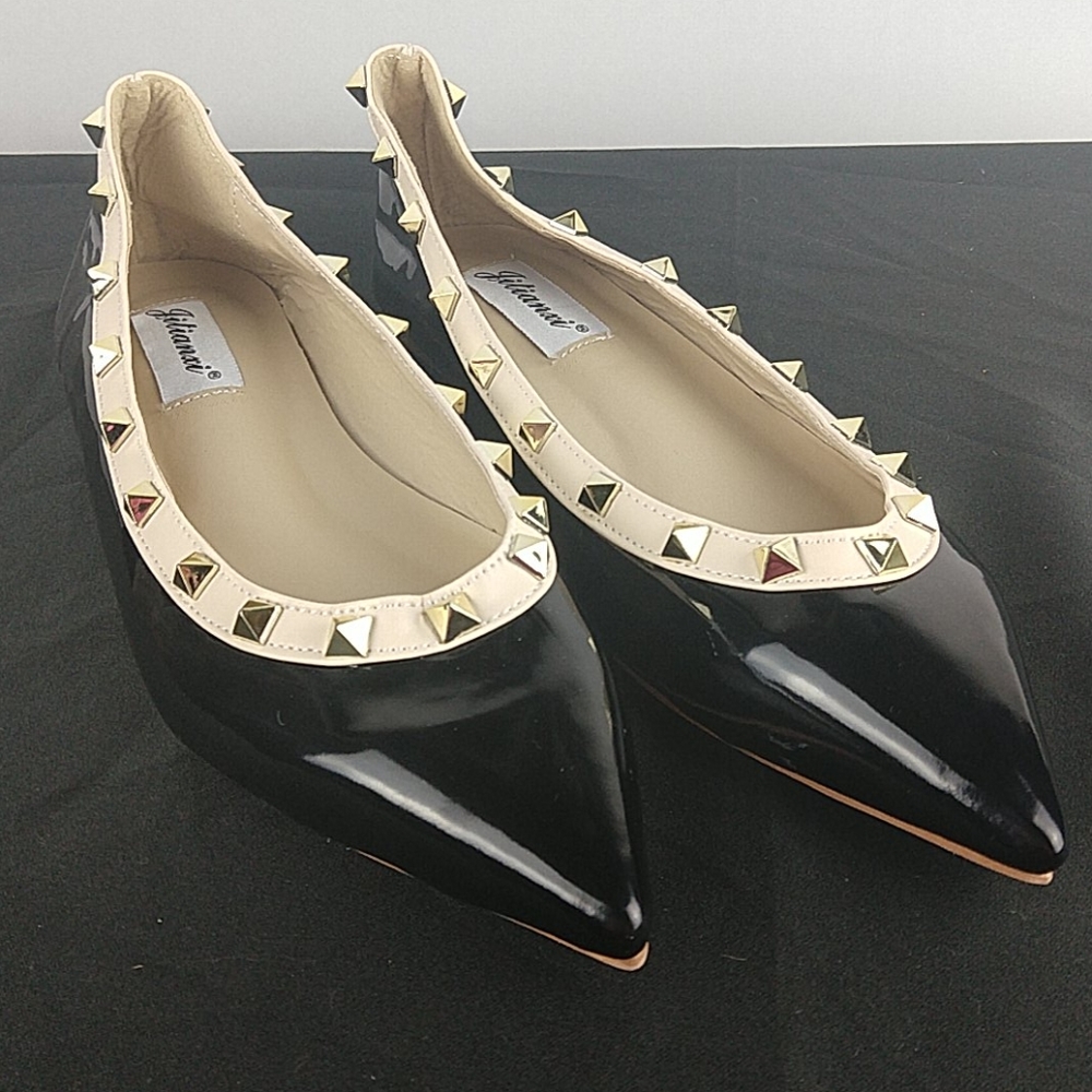 Jitanxi Woman Ballerina Rock Stud Patent Leather Pointed Toe Flats Black Size 9